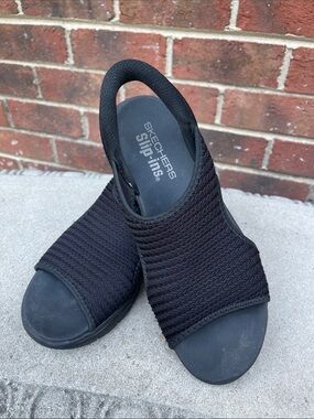 Skechers Black Knit Slip-On Wedge Sandals